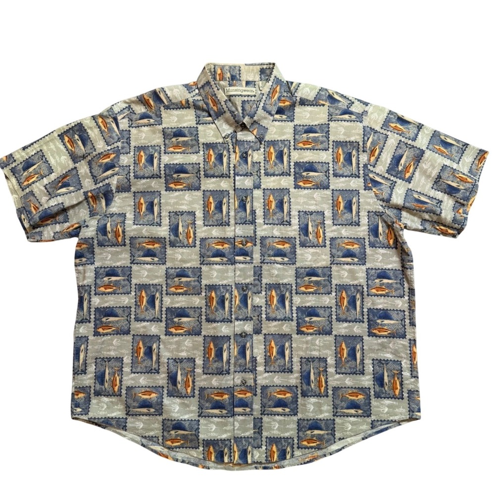 Munsingwear Mens XXL Short Sleeve Fish Postage Stamp Print Cotton Button Down